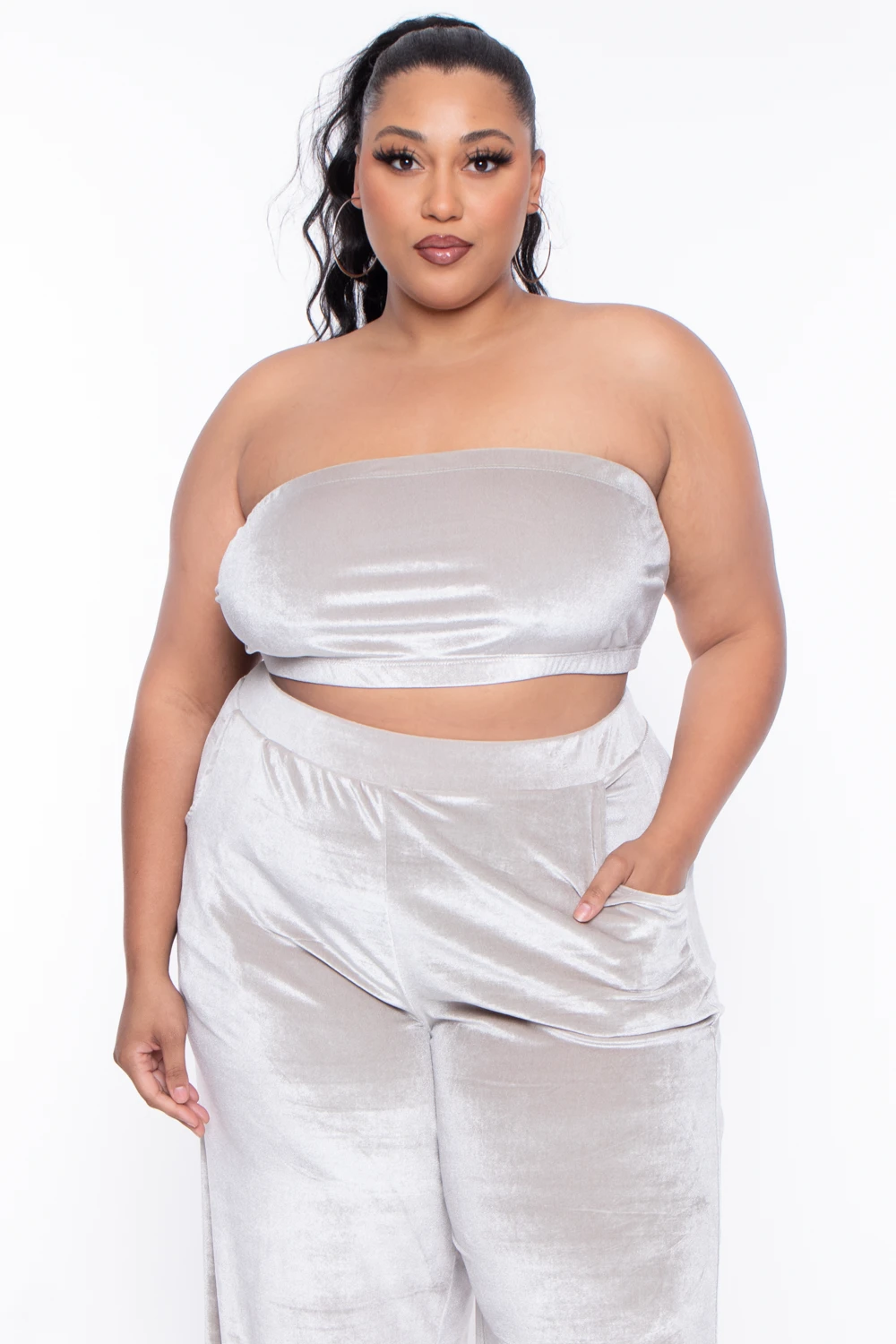 Plus Size Eloise Velour Bandeau & Pant Set - Stone Plus Size Eloise Velour Bandeau & Pant Set - Stone -Kitchensuppliesdeal curvy sense matching sets plus size eloise velour bandeau pant set stone 29703477198945