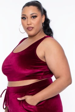 Plus Size Gaby Velour Tank & Jogger Set - Burgundy -Kitchensuppliesdeal curvy sense matching sets plus size gaby velour tank jogger set burgundy 29588737130593