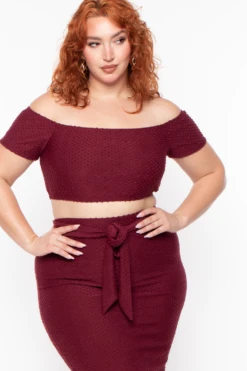 Plus Size Off The Shoulder Textured Matching Set - Burgundy -Kitchensuppliesdeal curvy sense matching sets plus size off the shoulder textured matching set burgundy 29261503955041