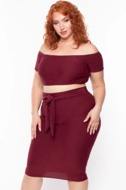 Plus Size Off The Shoulder Textured Matching Set - Burgundy -Kitchensuppliesdeal curvy sense matching sets plus size off the shoulder textured matching set burgundy 29261507199073