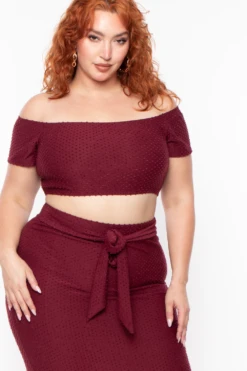 Plus Size Off The Shoulder Textured Matching Set - Burgundy -Kitchensuppliesdeal curvy sense matching sets plus size off the shoulder textured matching set burgundy 29261508345953