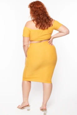 Plus Size Off The Shoulder Textured Matching Set - Mustard -Kitchensuppliesdeal curvy sense matching sets plus size off the shoulder textured matching set mustard 29703823982689