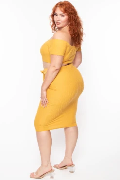 Plus Size Off The Shoulder Textured Matching Set - Mustard -Kitchensuppliesdeal curvy sense matching sets plus size off the shoulder textured matching set mustard 29703828144225