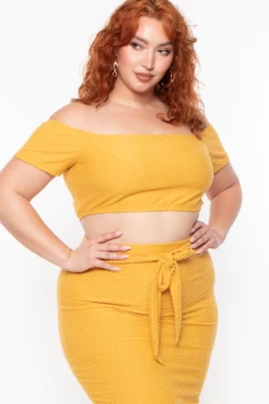 Plus Size Off The Shoulder Textured Matching Set - Mustard -Kitchensuppliesdeal curvy sense matching sets plus size off the shoulder textured matching set mustard 29703828209761