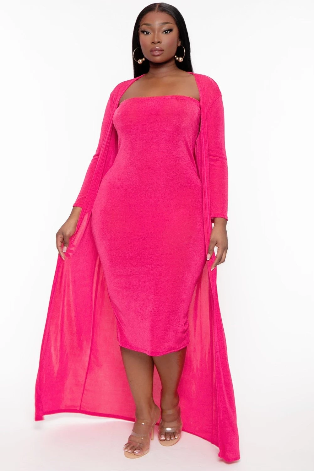 Plus Size Shelly 2PC Duster And Tube Dress - Fuchsia Plus Size Shelly 2PC Duster And Tube Dress - Fuchsia -Kitchensuppliesdeal curvy sense matching sets plus size shelly 2pc duster and tube dress fuchsia 31903618859105