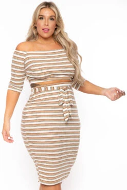 Plus Size Striped Off The Shoulder Matching Set - Cream Stripe -Kitchensuppliesdeal curvy sense matching sets plus size striped off the shoulder matching set cream stripe 30021085659233