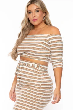 Plus Size Striped Off The Shoulder Matching Set - Cream Stripe -Kitchensuppliesdeal curvy sense matching sets plus size striped off the shoulder matching set cream stripe 30021086609505