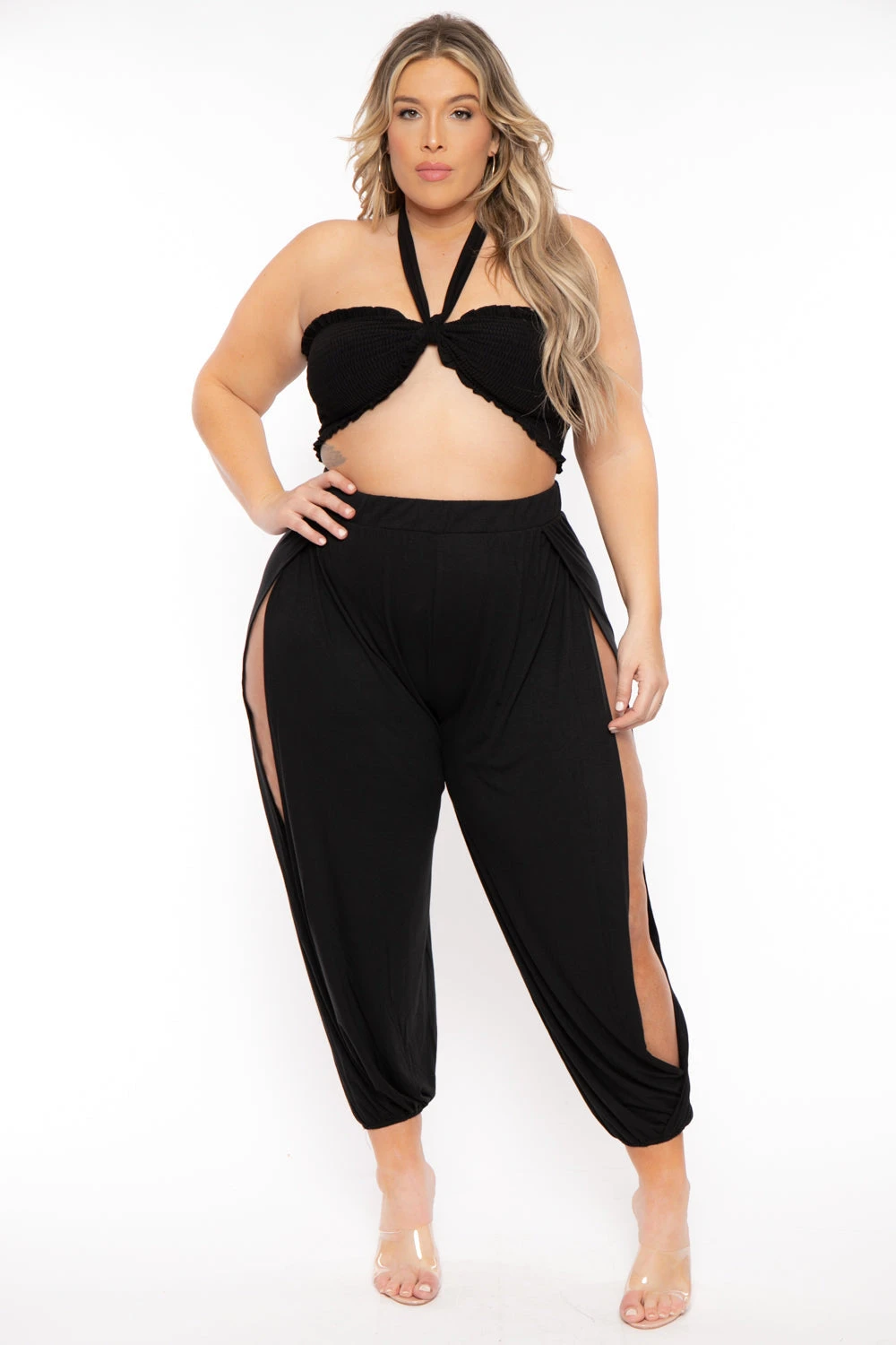 Plus Size Tie Front Top And Split Pant Set- Black Plus Size Tie Front Top And Split Pant Set- Black -Kitchensuppliesdeal curvy sense matching sets plus size tie front top and split pant set black 31763568722017