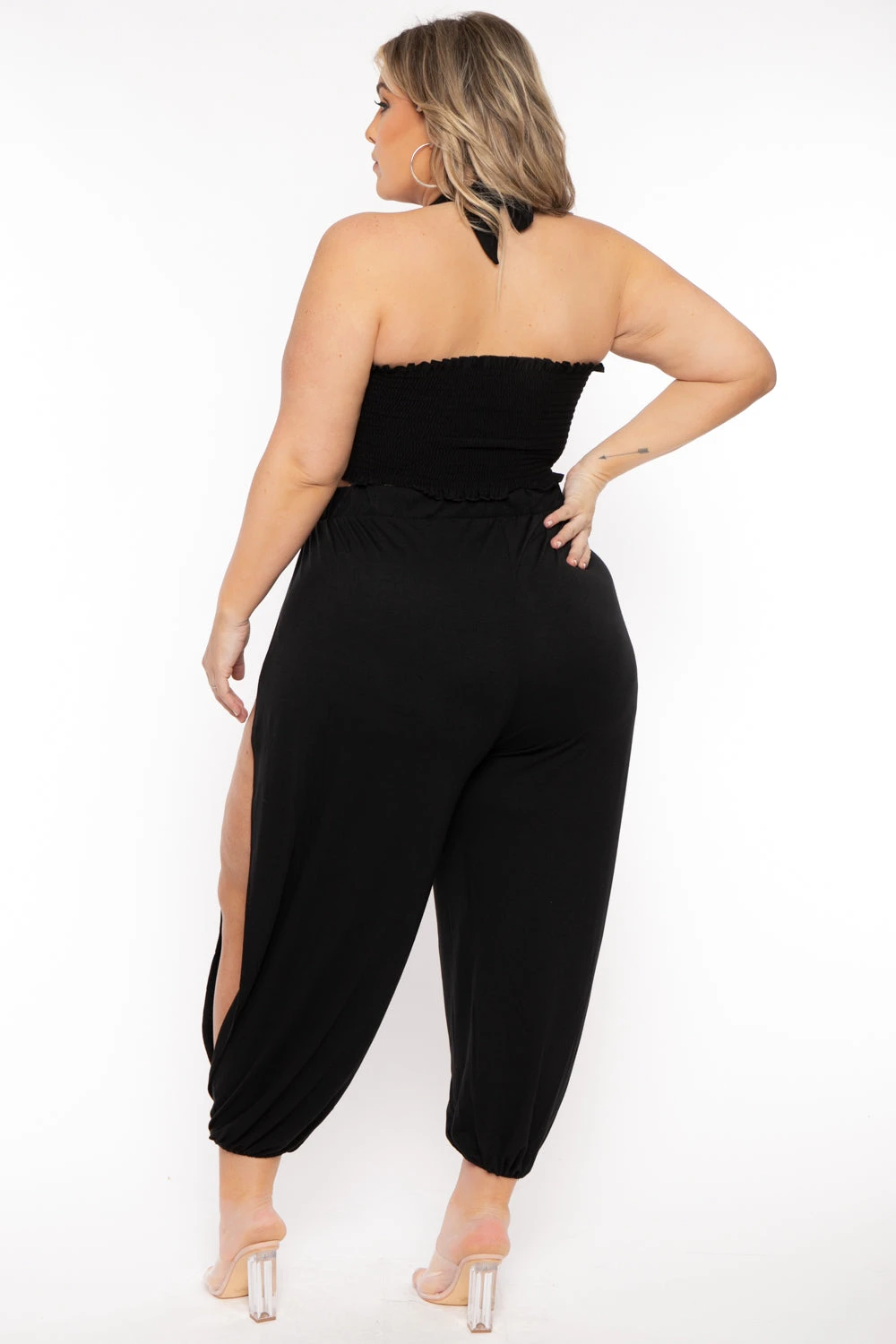 Plus Size Tie Front Top And Split Pant Set- Black Plus Size Tie Front Top And Split Pant Set- Black -Kitchensuppliesdeal curvy sense matching sets plus size tie front top and split pant set black 31763568754785