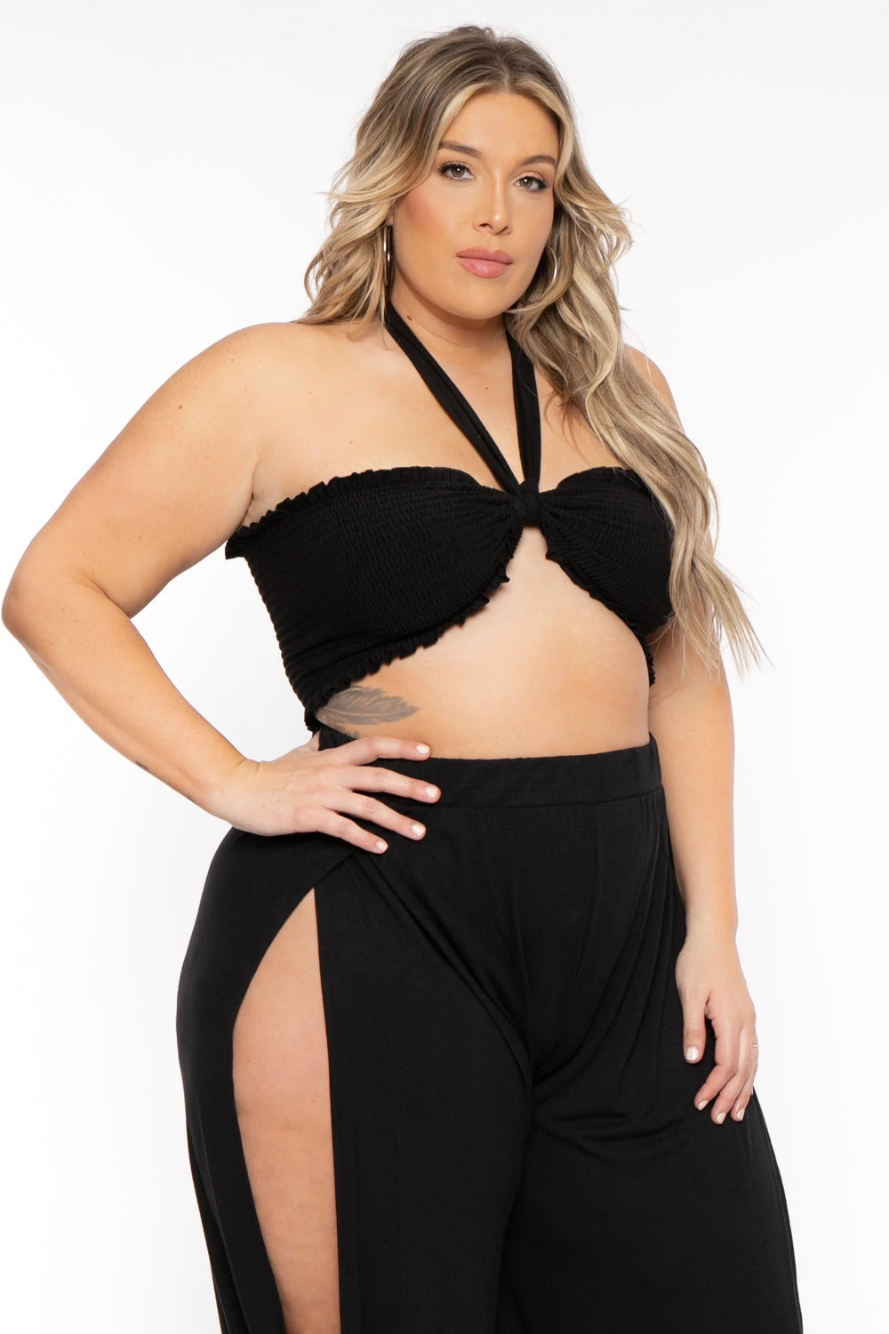 Plus Size Tie Front Top And Split Pant Set- Black Plus Size Tie Front Top And Split Pant Set- Black -Kitchensuppliesdeal curvy sense matching sets plus size tie front top and split pant set black 31763568787553