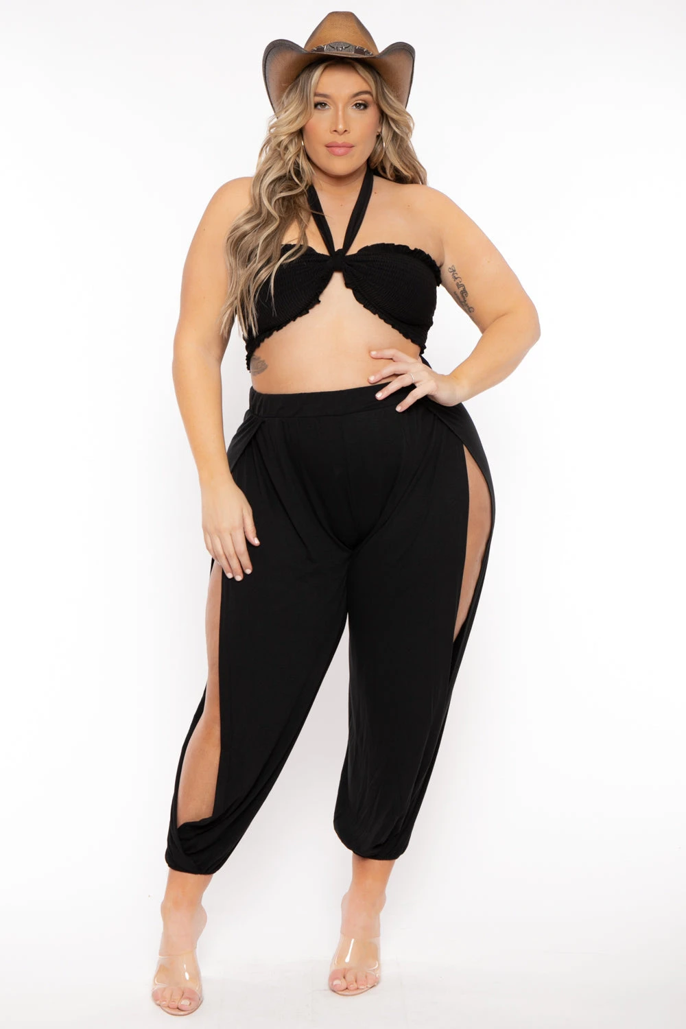 Plus Size Tie Front Top And Split Pant Set- Black Plus Size Tie Front Top And Split Pant Set- Black -Kitchensuppliesdeal curvy sense matching sets plus size tie front top and split pant set black 31763569180769