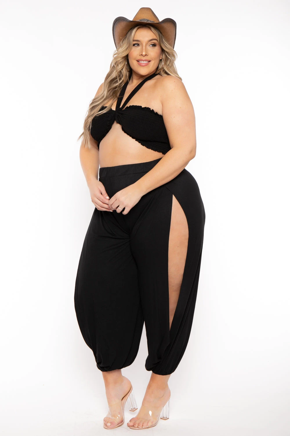 Plus Size Tie Front Top And Split Pant Set- Black Plus Size Tie Front Top And Split Pant Set- Black -Kitchensuppliesdeal curvy sense matching sets plus size tie front top and split pant set black 31763569573985