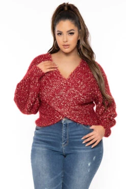 Plus Size Kathleen Cross Front Sweater - Burgundy -Kitchensuppliesdeal curvy sense sweaters cardigans plus size kathleen cross front sweater burgundy 30823372652641