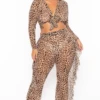 Plus Size Cheetah Print Mesh Front Tie Crop Top & Pant Set - Brown -Kitchensuppliesdeal curvy sense swimwear plus size cheetah print mesh front tie crop top pant set brown 30020945936481