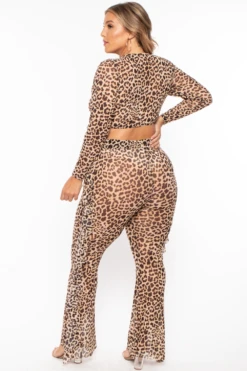 Plus Size Cheetah Print Mesh Front Tie Crop Top & Pant Set - Brown -Kitchensuppliesdeal curvy sense swimwear plus size cheetah print mesh front tie crop top pant set brown 30020946460769