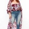 Plus Size Floral Bodysuit And Kimono Set - Plum -Kitchensuppliesdeal curvy sense tops plus size floral bodysuit and kimono set plum 29589816606817
