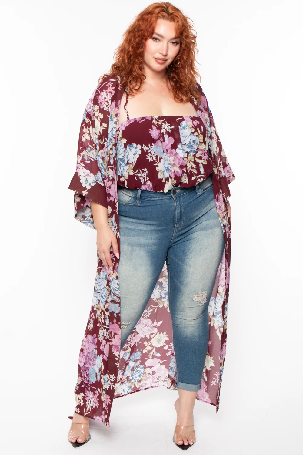 Plus Size Floral Bodysuit And Kimono Set - Plum Plus Size Floral Bodysuit And Kimono Set - Plum -Kitchensuppliesdeal curvy sense tops plus size floral bodysuit and kimono set plum 29589816606817