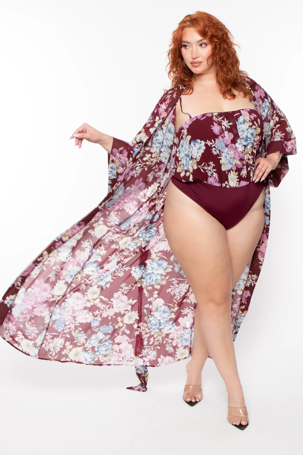 Plus Size Floral Bodysuit And Kimono Set - Plum Plus Size Floral Bodysuit And Kimono Set - Plum -Kitchensuppliesdeal curvy sense tops plus size floral bodysuit and kimono set plum 29589816639585
